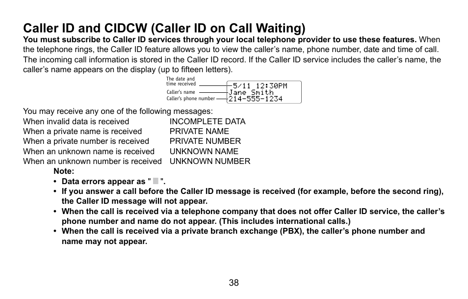 Caller id and cidcw (caller id on call waiting), Caller.id.and.cidcw.(caller.id.on.call.waiting) | Uniden CXA 15698 User Manual | Page 39 / 72