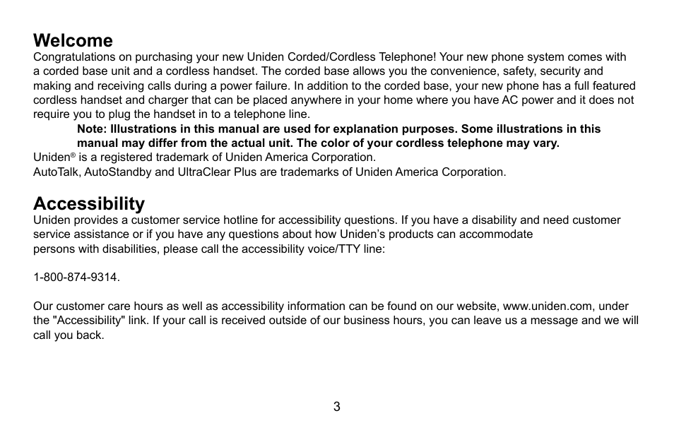 Welcome/accessibility, Welcome, Accessibility | Uniden CXA 15698 User Manual | Page 4 / 72