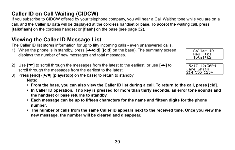 Caller id on call waiting (cidcw), Viewing the caller id message list, Caller.id.on.call.waiting.(cidcw) | Viewing.the.caller.id.message.list | Uniden CXA 15698 User Manual | Page 40 / 72