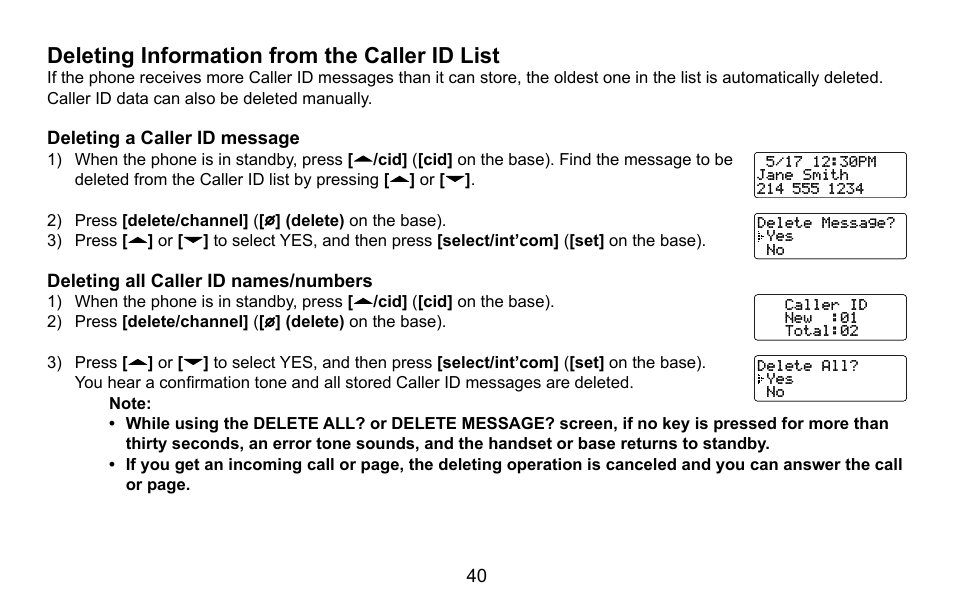 Deleting information from the caller id list, Deleting a caller id message, Deleting all caller id names/numbers | Deleting.information.from.the.caller.id.list, Deleting.a.caller.id.message, Deleting.all.caller.id.names/numbers | Uniden CXA 15698 User Manual | Page 41 / 72