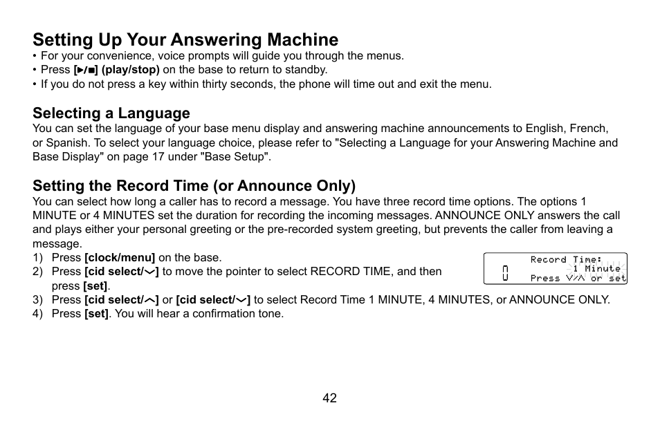 Setting up your answering machine, Selecting a language, Setting the record time (or announce only) | Setting.up.your.answering.machine, Selecting.a.language, Setting.the.record.time.(or.announce.only) | Uniden CXA 15698 User Manual | Page 43 / 72