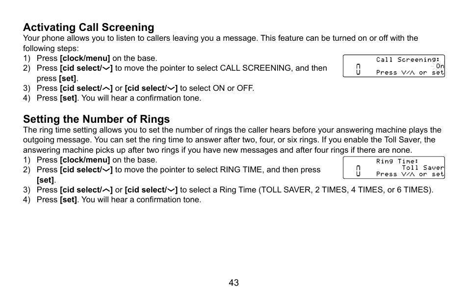 Activating call screening, Setting the number of rings, Activating.call.screening | Setting.the.number.of.rings | Uniden CXA 15698 User Manual | Page 44 / 72