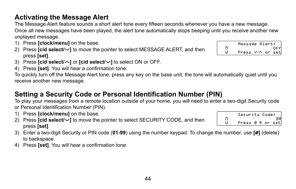 Activating the message alert, Setting a security code or personal identification, Number (pin) | Activating.the.message.alert | Uniden CXA 15698 User Manual | Page 45 / 72