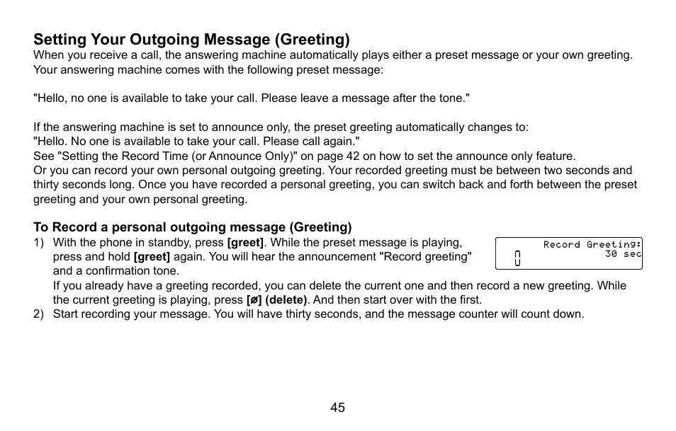 Setting your outgoing message (greeting), To record a personal outgoing message (greeting) | Uniden CXA 15698 User Manual | Page 46 / 72