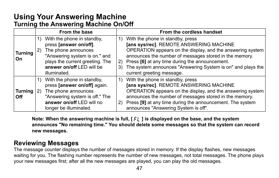 Using your answering machine, Turning the answering machine on/off, Reviewing messages | Using.your.answering.machine, Turning.the.answering.machine.on/off, Reviewing.messages | Uniden CXA 15698 User Manual | Page 48 / 72