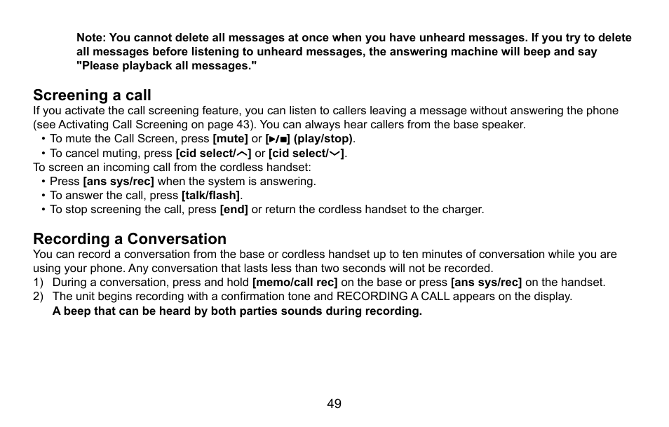 Screening a call, Recording a conversation, Screening.a.call | Recording.a.conversation | Uniden CXA 15698 User Manual | Page 50 / 72