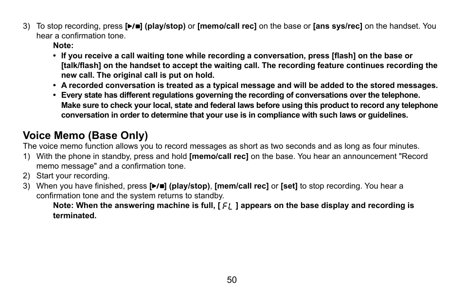 Voice memo (base only) | Uniden CXA 15698 User Manual | Page 51 / 72