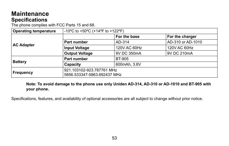 Maintenance, Specifications | Uniden CXA 15698 User Manual | Page 54 / 72