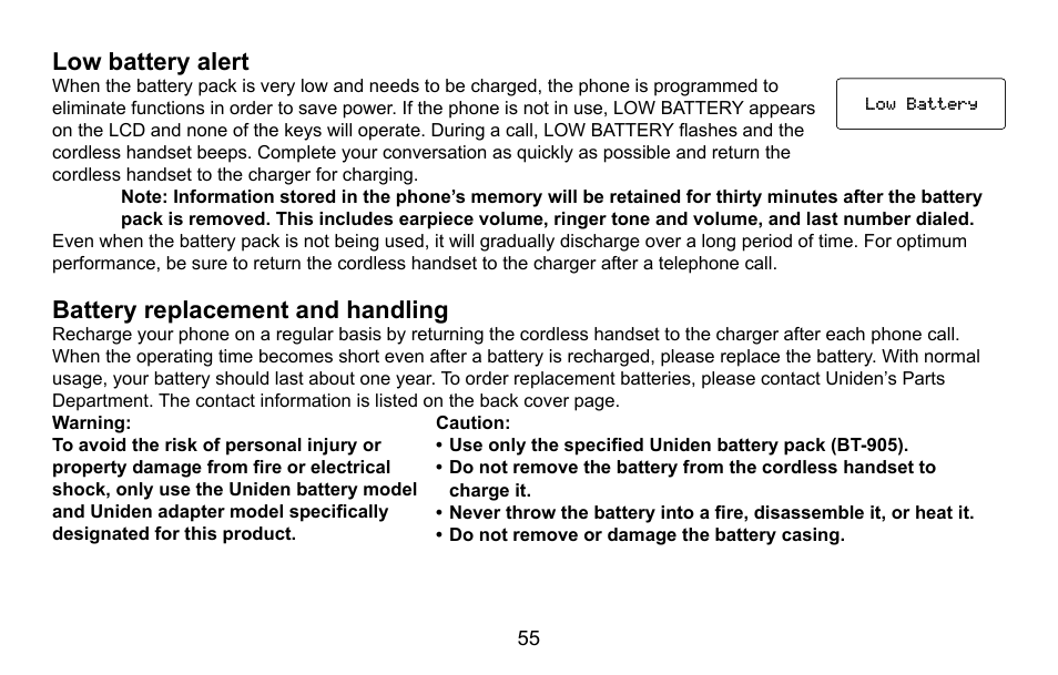 Low battery alert, Battery replacement and handling, Low.battery.alert | Battery.replacement.and.handling | Uniden CXA 15698 User Manual | Page 56 / 72