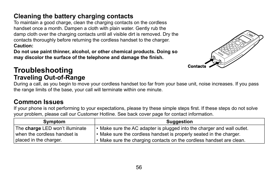 Cleaning the battery charging contacts, Troubleshooting, Traveling out-of-range | Common issues, Cleaning.the.battery.charging.contacts, Traveling.out-of-range, Common.issues | Uniden CXA 15698 User Manual | Page 57 / 72