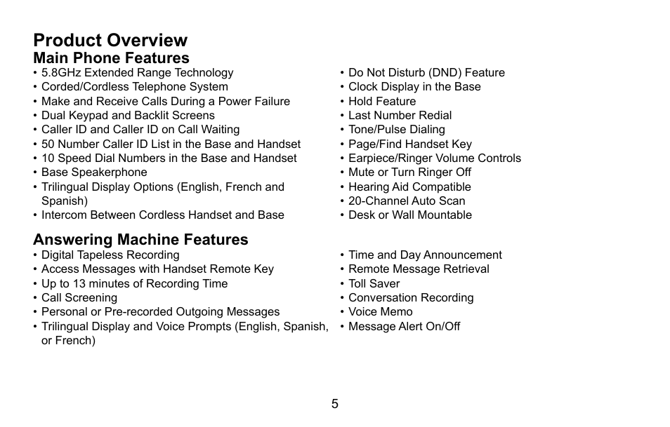 Product overview, Product.overview, Main.phone.features | Answering.machine.features | Uniden CXA 15698 User Manual | Page 6 / 72