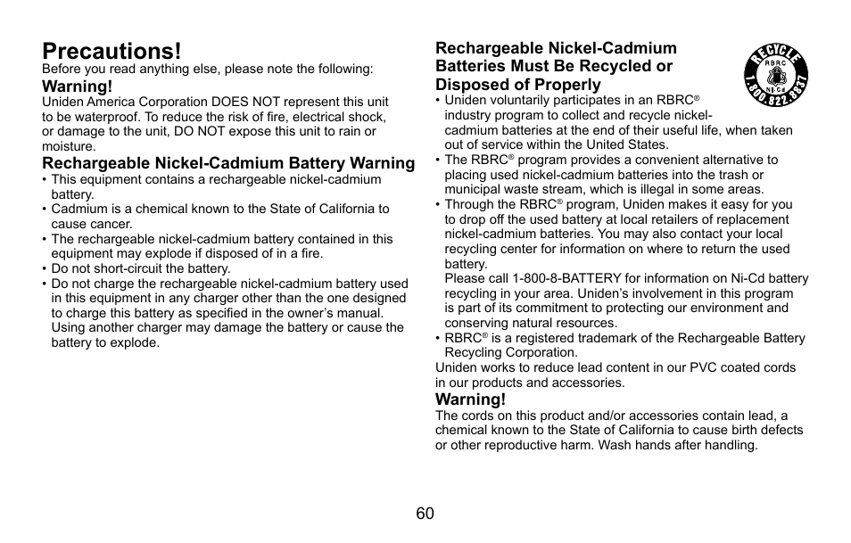 Precautions, Warning, Rechargeable nickel-cadmium battery warning | Rechargeable.nickel-cadmium.battery.warning | Uniden CXA 15698 User Manual | Page 61 / 72