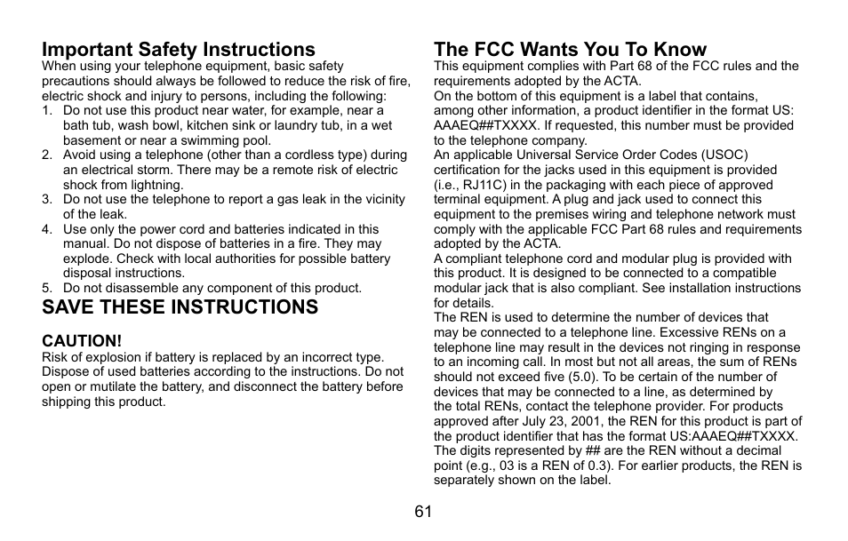 Caution, The fcc wants you to know, Important.safety.instructions | Save.these.instructions | Uniden CXA 15698 User Manual | Page 62 / 72