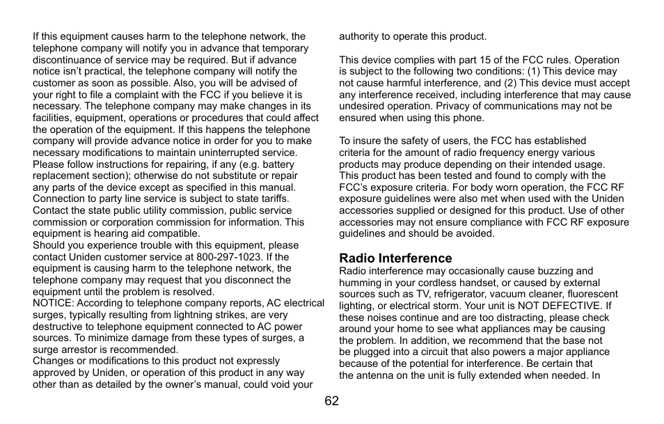 Radio interference, Radio.interference | Uniden CXA 15698 User Manual | Page 63 / 72