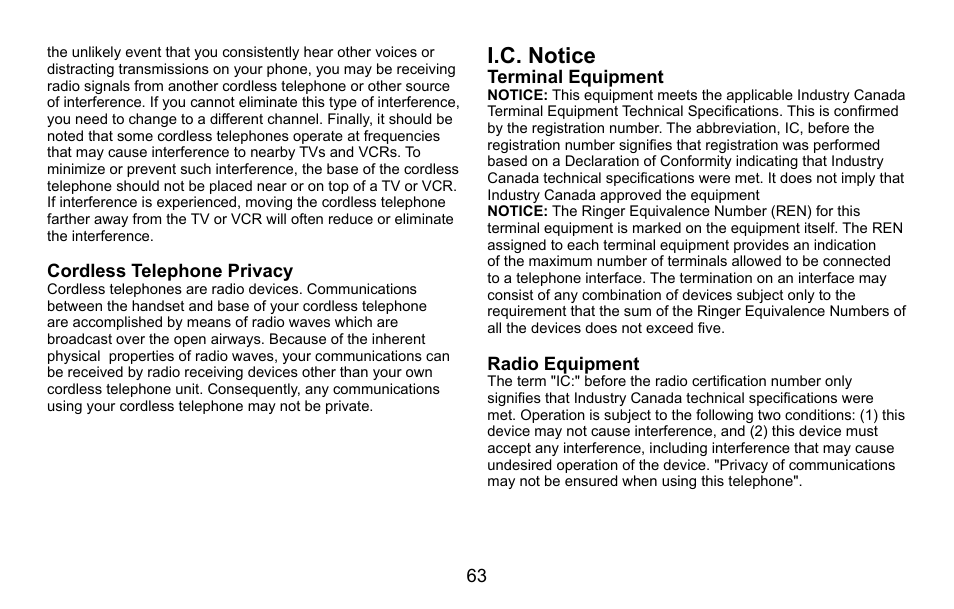 Cordless telephone privacy, I.c. notice, Terminal equipment | Radio equipment, I.c..notice, Cordless.telephone.privacy, Terminal.equipment, Radio.equipment | Uniden CXA 15698 User Manual | Page 64 / 72