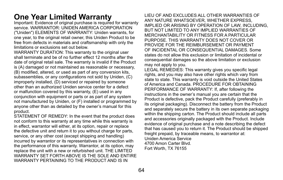 One year limited warranty, One.year.limited.warranty | Uniden CXA 15698 User Manual | Page 65 / 72