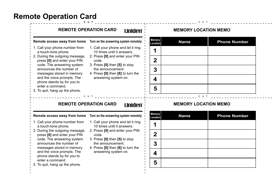 Remote.operation.card | Uniden CXA 15698 User Manual | Page 69 / 72