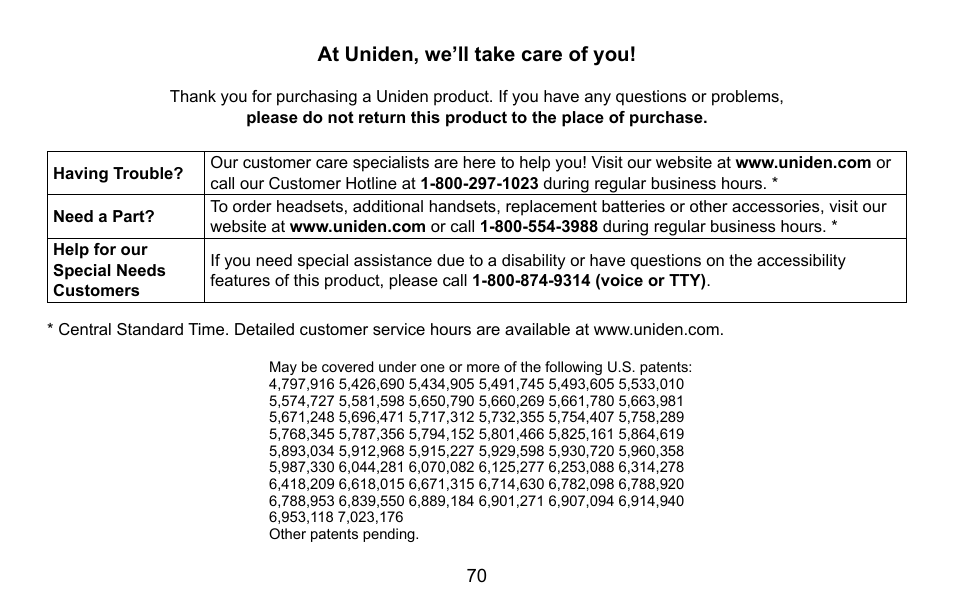 At uniden, we’ll take care of you | Uniden CXA 15698 User Manual | Page 71 / 72