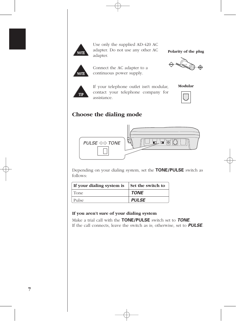 Choose the dialing mode | Uniden 8950 User Manual | Page 10 / 46