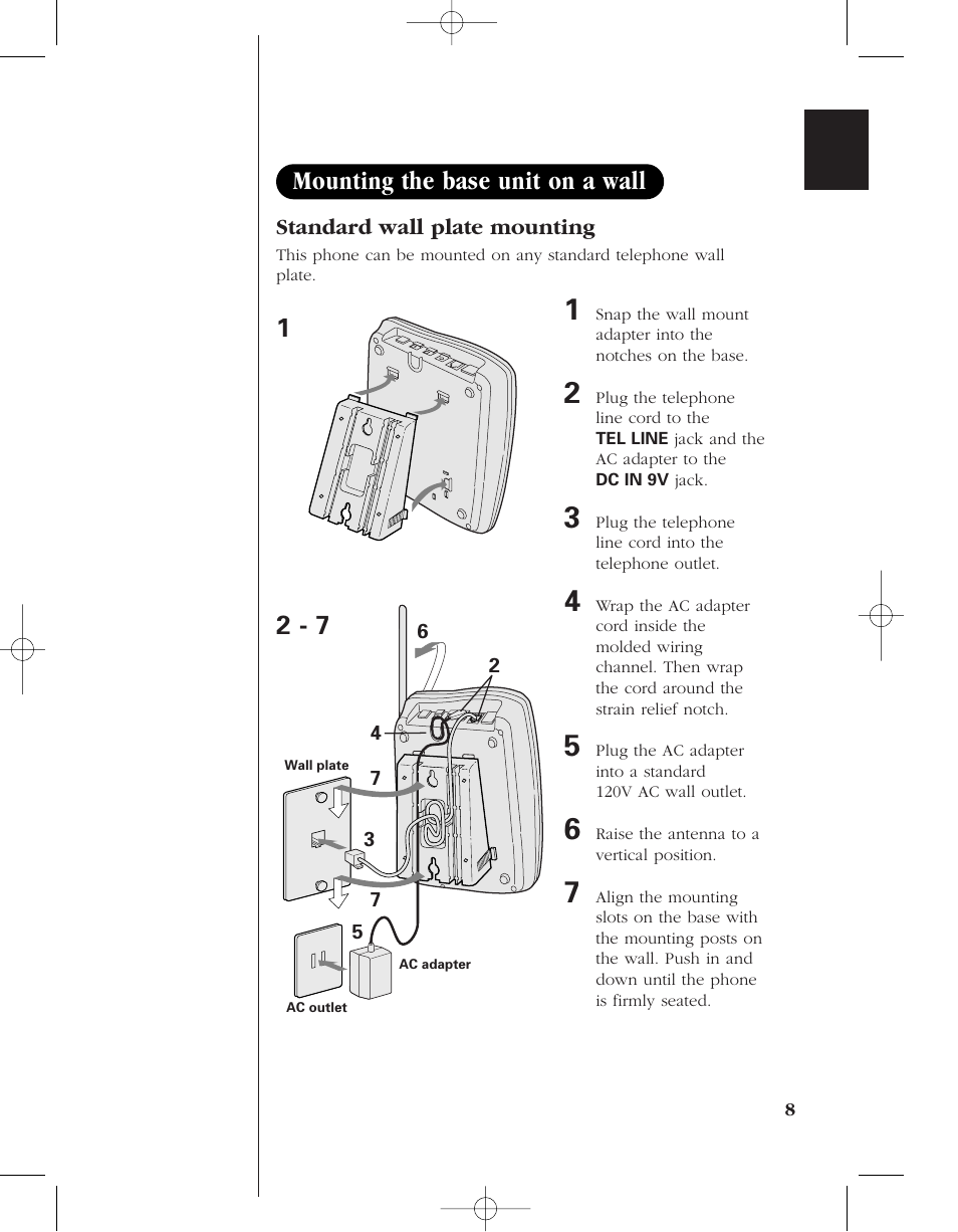 2 - 7 mounting the base unit on a wall | Uniden 8950 User Manual | Page 11 / 46