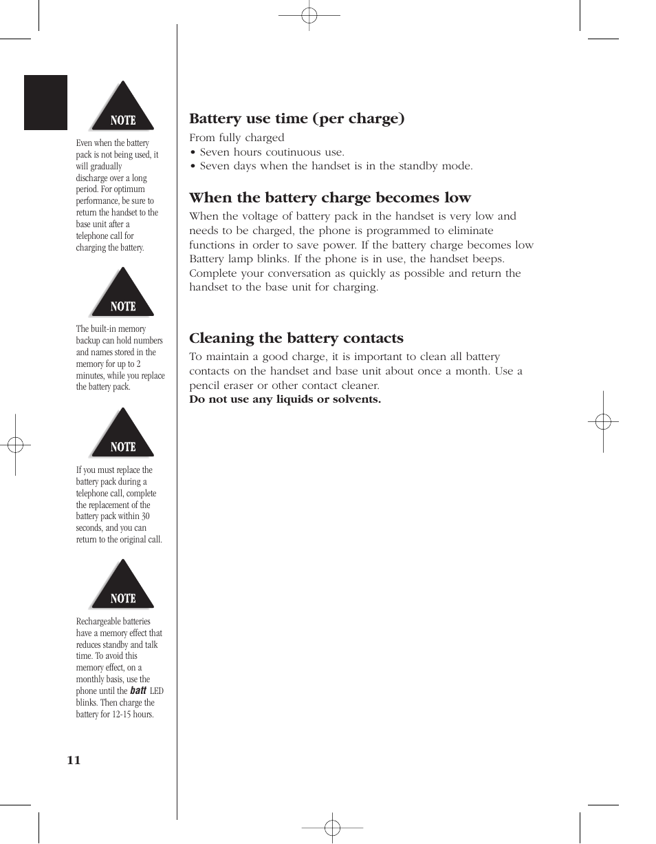 Battery use time (per charge), When the battery charge becomes low, Cleaning the battery contacts | Uniden 8950 User Manual | Page 14 / 46