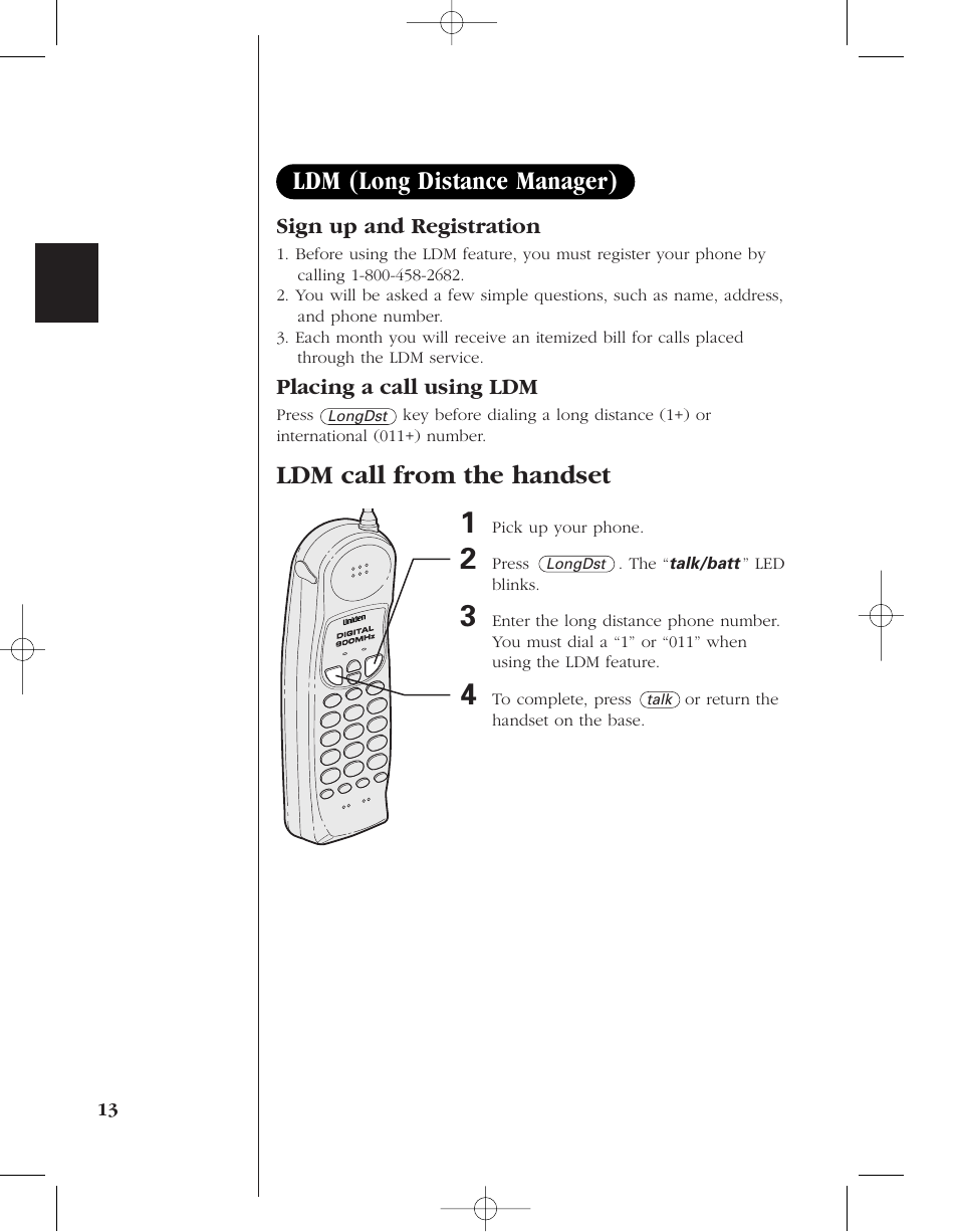 Ldm (long distance manager), Ldm call from the handset | Uniden 8950 User Manual | Page 16 / 46