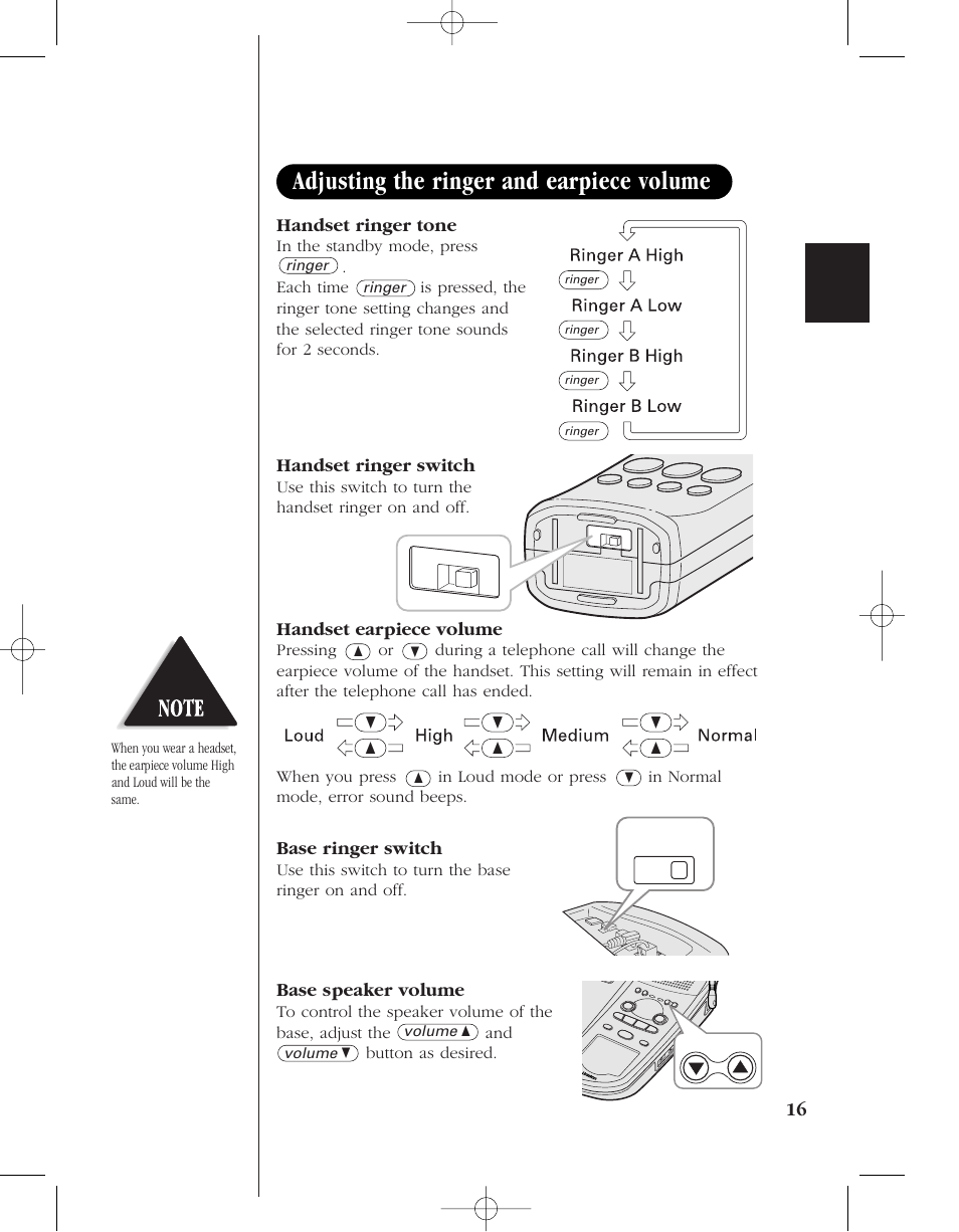 Adjusting the ringer and earpiece volume, 16 handset ringer tone, Handset ringer switch | Handset earpiece volume, Base ringer switch, Base speaker volume | Uniden 8950 User Manual | Page 19 / 46