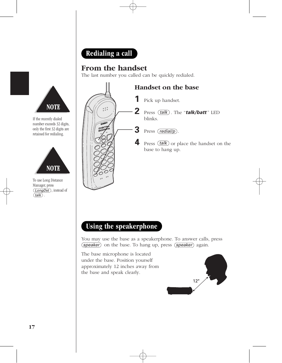 Using the speakerphone, Redialing a call, Handset on the base | Uniden 8950 User Manual | Page 20 / 46