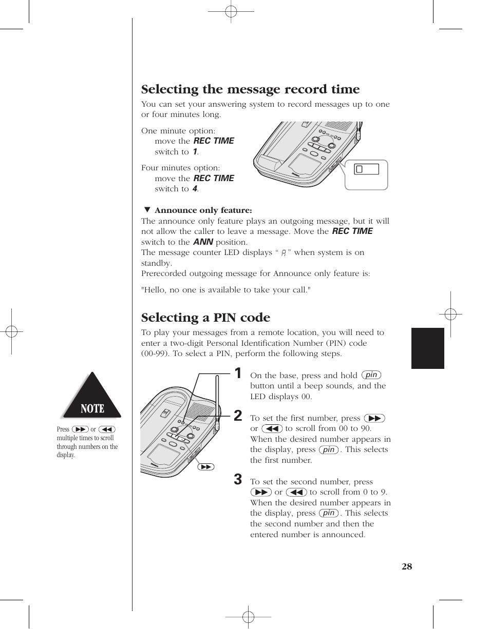 Selecting the message record time, Selecting a pin code | Uniden 8950 User Manual | Page 31 / 46