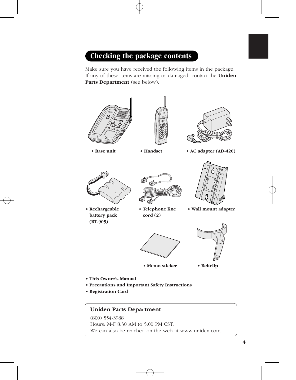 Checking the package contents | Uniden 8950 User Manual | Page 7 / 46