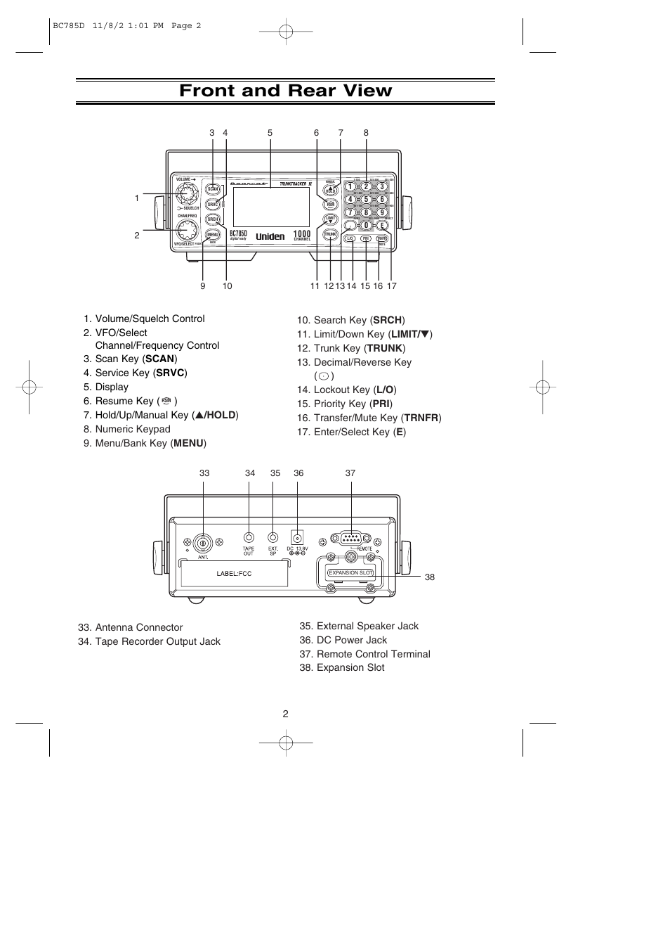Front and rear view | Uniden BC785D User Manual | Page 6 / 100
