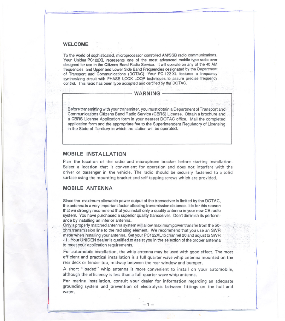Welcome, Warning, Mobile installation | Mobile antenna | Uniden PC122XL User Manual | Page 2 / 8
