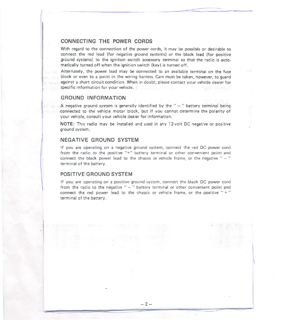Connecting the power cords, Ground information, Negative ground system | Positive ground system | Uniden PC122XL User Manual | Page 3 / 8