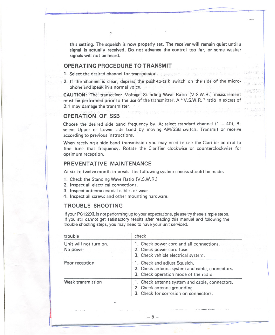Operating procedure to transmit, Operation of ssb, Preventative maintenance | Trouble shooting | Uniden PC122XL User Manual | Page 6 / 8
