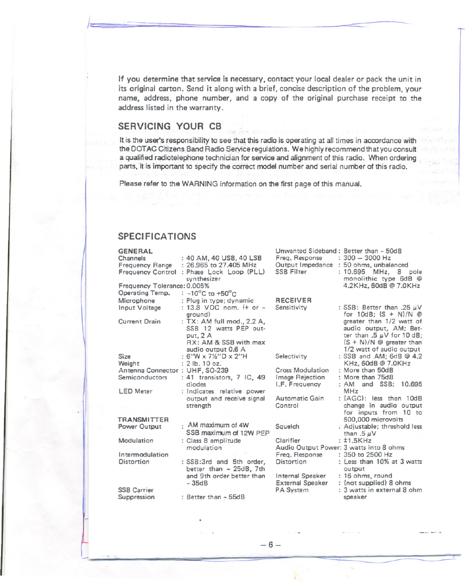 Servicing your cb, Specifications, Siïe | General, Transmitter, Receiver | Uniden PC122XL User Manual | Page 7 / 8