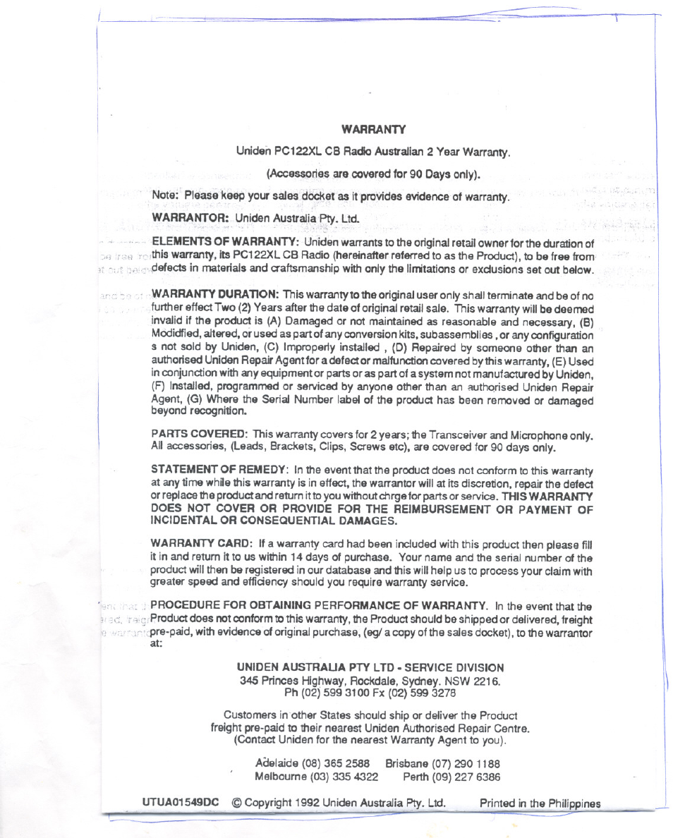 Uniden PC122XL User Manual | Page 8 / 8