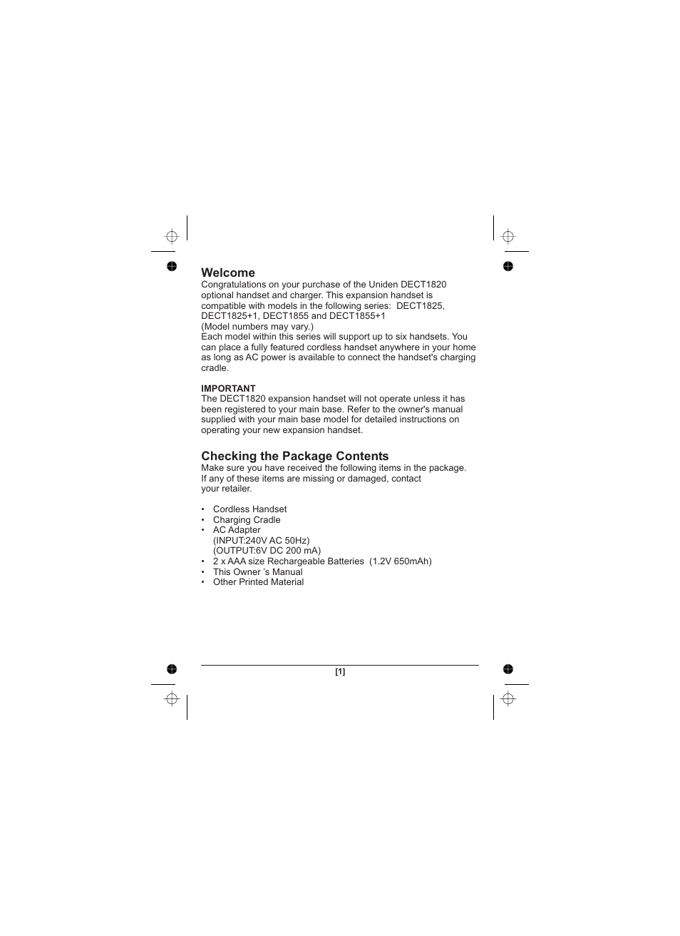 Welcome checking the package contents | Uniden DECT1820 User Manual | Page 2 / 12