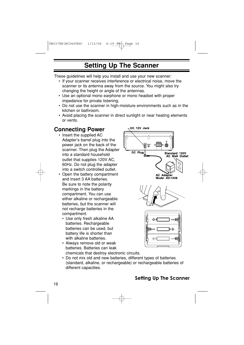 Setting up the scanner, Connecting power | Uniden BC340CRS User Manual | Page 16 / 32
