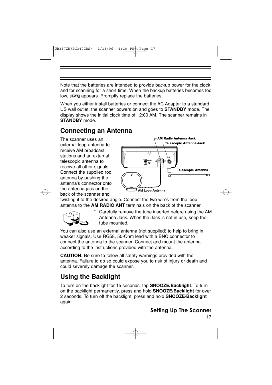 Connecting an antenna, Using the backlight | Uniden BC340CRS User Manual | Page 17 / 32