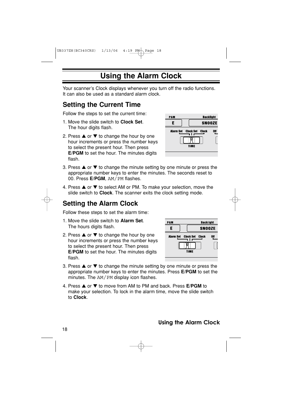 Using the alarm clock, Setting the current time, Setting the alarm clock | Uniden BC340CRS User Manual | Page 18 / 32