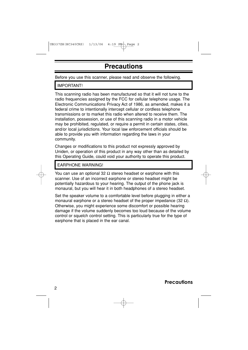 Precautions | Uniden BC340CRS User Manual | Page 2 / 32