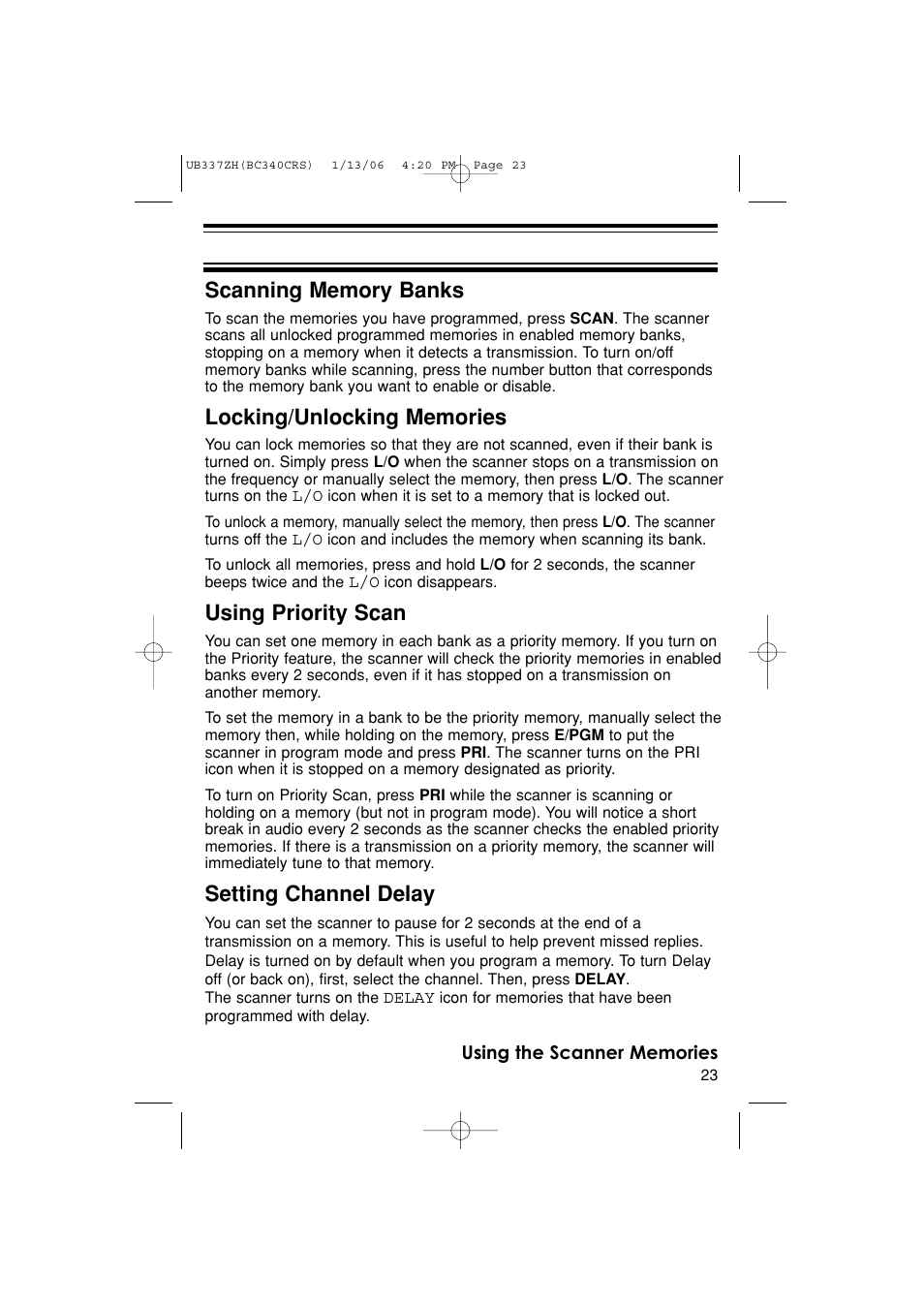 Using priority scan, Setting channel delay | Uniden BC340CRS User Manual | Page 23 / 32