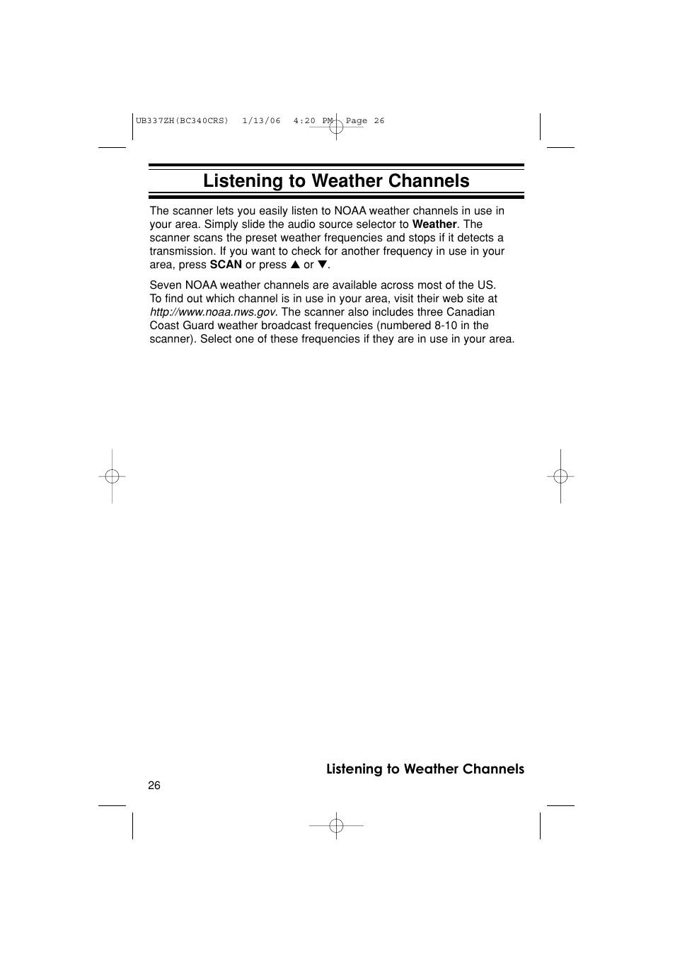 Listening to weather channels | Uniden BC340CRS User Manual | Page 26 / 32