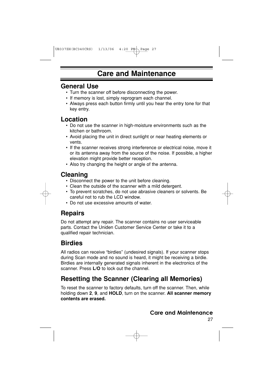 Care and maintenance, General use, Location | Cleaning, Repairs, Birdies | Uniden BC340CRS User Manual | Page 27 / 32