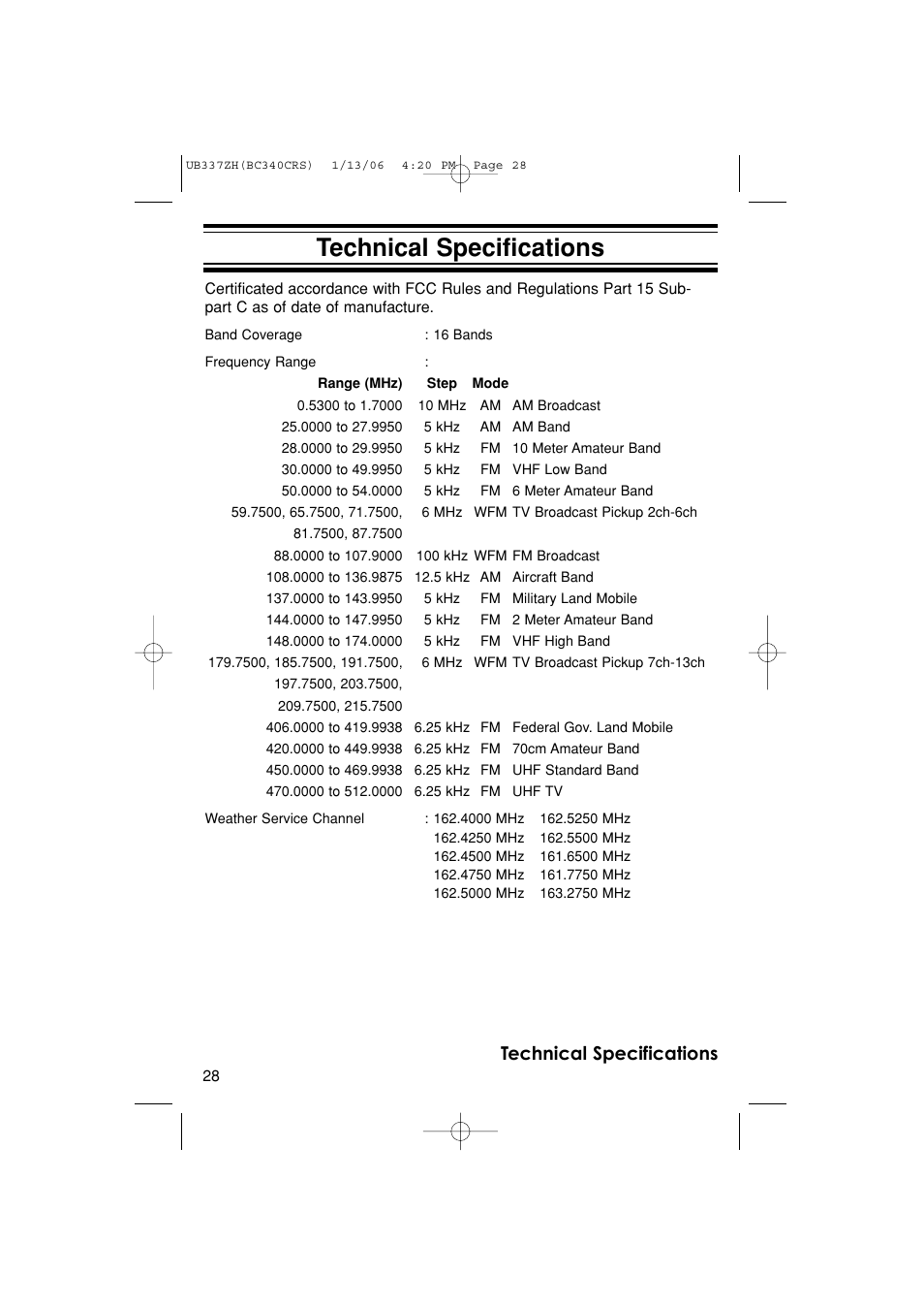Technical specifications | Uniden BC340CRS User Manual | Page 28 / 32