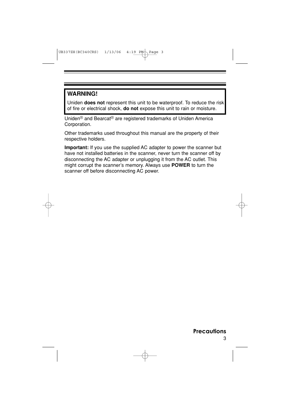 Warning, Precautions | Uniden BC340CRS User Manual | Page 3 / 32