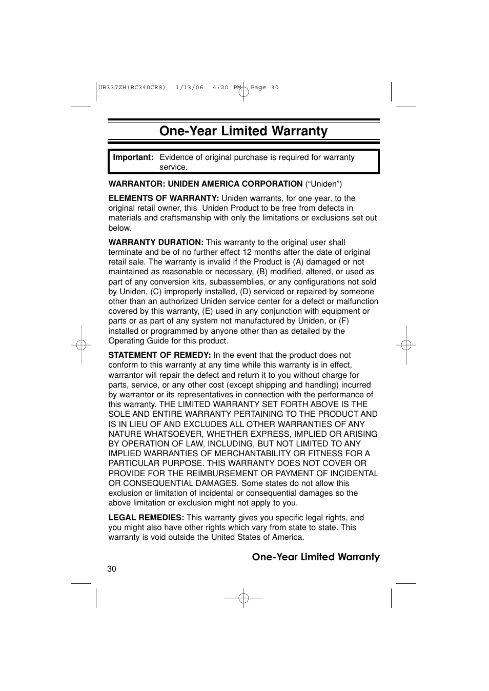One-year limited warranty | Uniden BC340CRS User Manual | Page 30 / 32