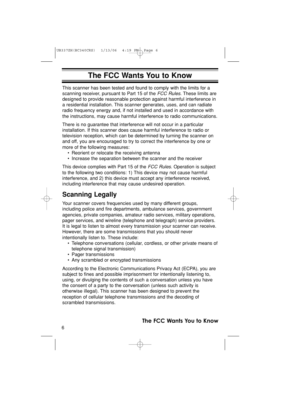 The fcc wants you to know, Scanning legally | Uniden BC340CRS User Manual | Page 6 / 32