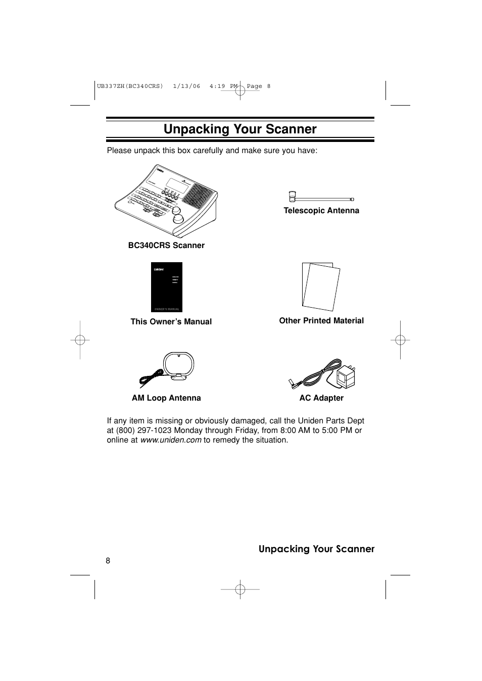 Unpacking your scanner | Uniden BC340CRS User Manual | Page 8 / 32