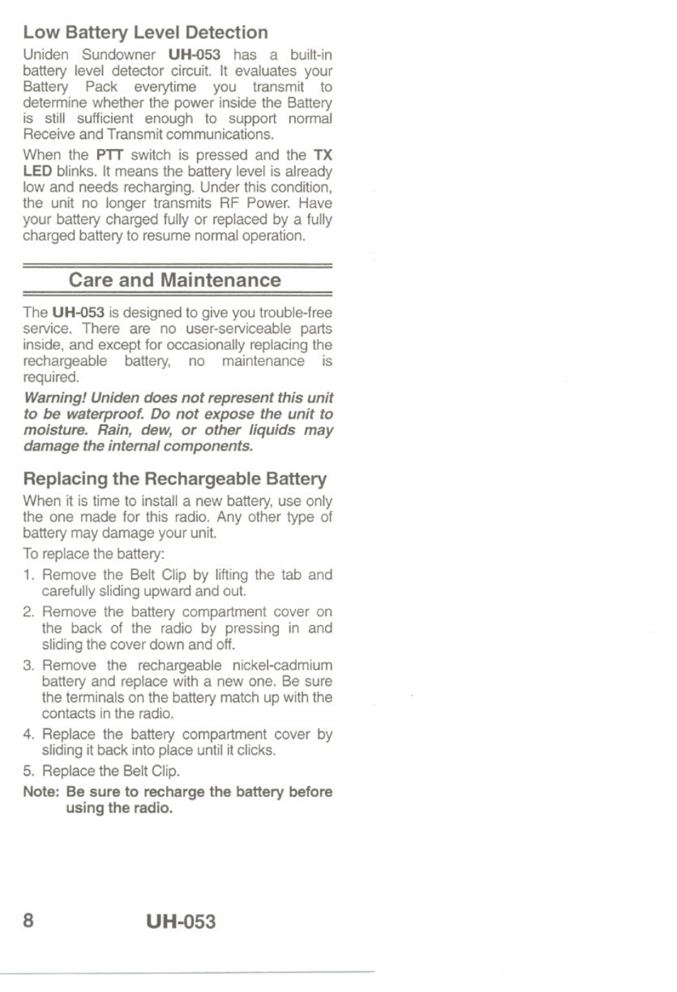 Low battery level detection, Care and maintenance, Uh-053 | Replacing the rechargeable battery | Uniden UH-O53 User Manual | Page 10 / 16